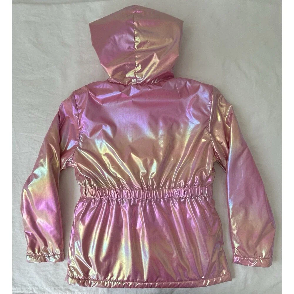 SHEIN Girls Shiny Pink Metallic Hooded Jacket, Size 10Y, Full Zip